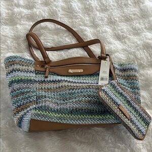 Multicolor Knit Tote Bag with Tan Details